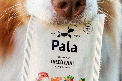 Hund hält Pala Trockenbarf Hundfutter hoch!