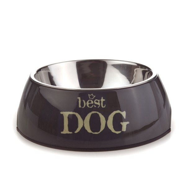 Schöner Hundenapf aus Melaminharz und Edelstahl in dunkelgrau