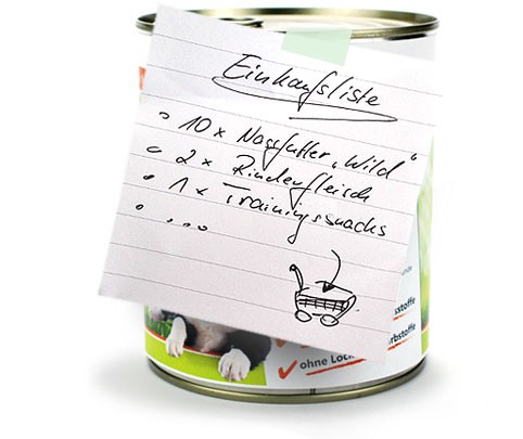 Nassfutter kaufen: Dose mit Einkaufszettel