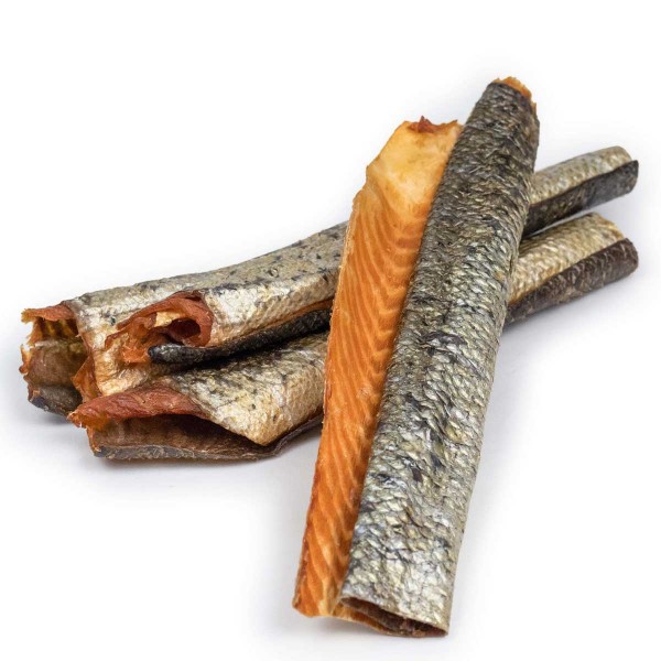 Getrocknete Lachshaut-Stücke mit Lachsfleisch - Trockenbarf für Hunde